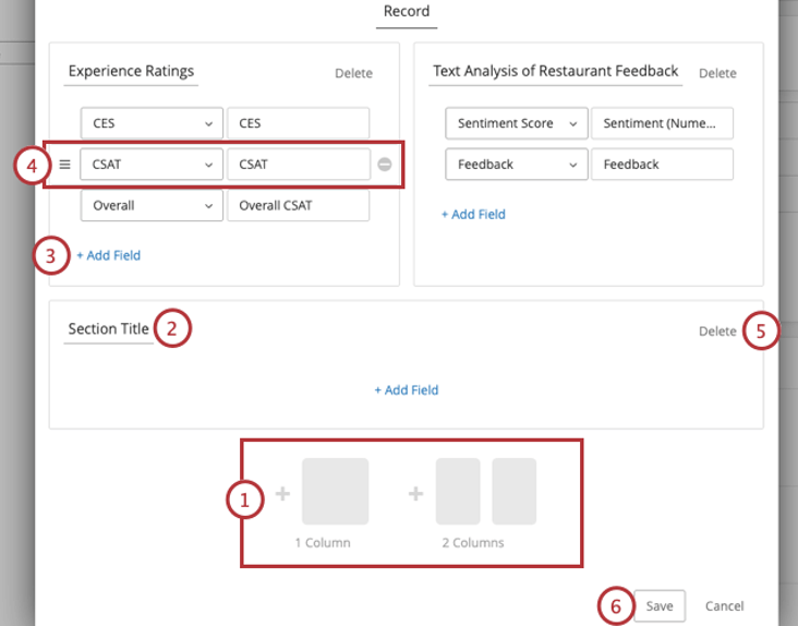 Numbered sections of the editing view