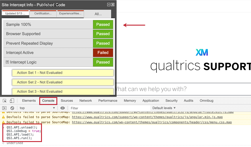 the console of a web page running an intecept. the javascript code was pasted into the console to pull up the debugger window