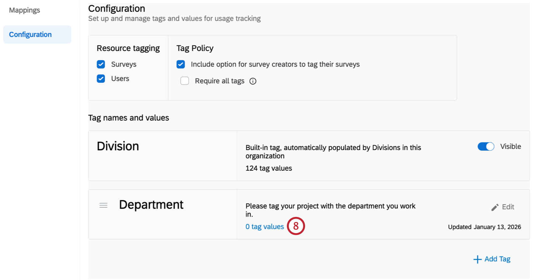 click "tag values" for tags you want to create values for