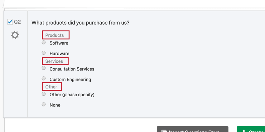choice groups visible in the survey editor