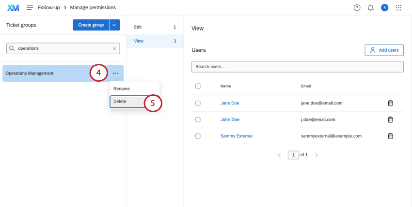 selecting the delete option for a group