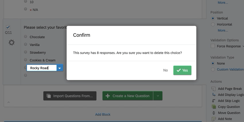 the confirmation window for deleting an answer choice after having collected data