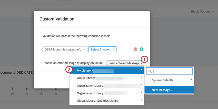 creating a new validation message. select your personal library, then click New message