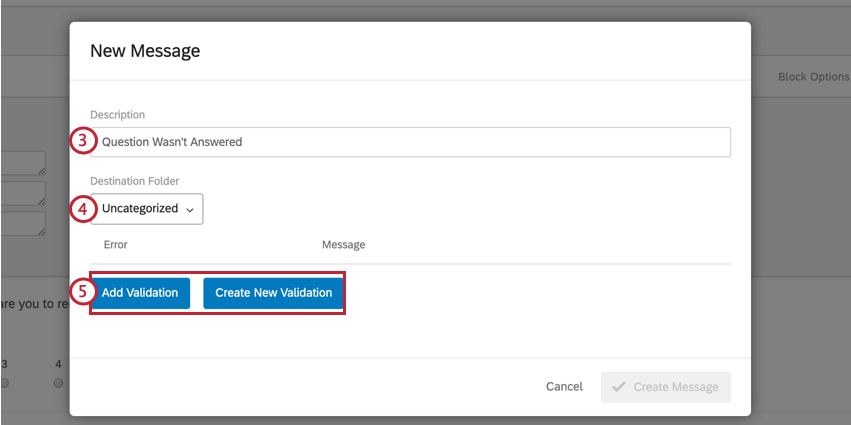 creating a new validation message. the message is given a description, a folder, and error