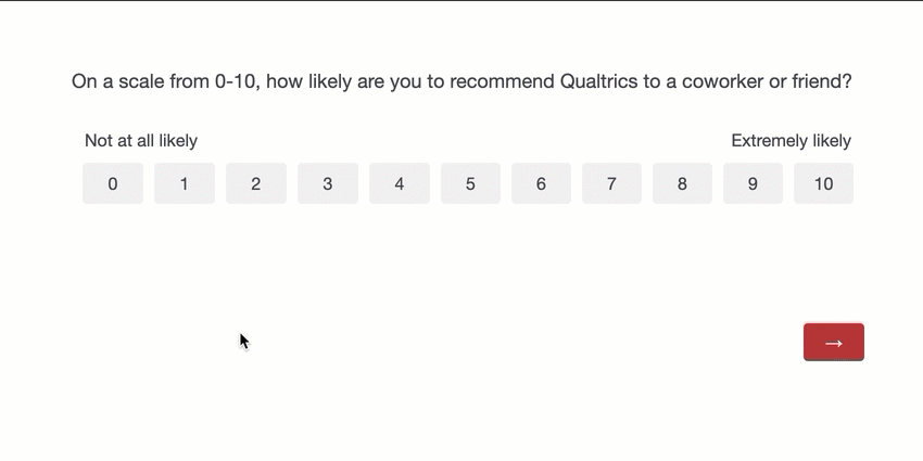 Ein GIF, das zeigt, was geschieht, wenn ein Umfrageteilnehmer eine Frage nicht beantwortet, für die „Antwort anfordern“ aktiviert ist. In der Fehlermeldung wird der Teilnehmer Folgendes gefragt: „Auf dieser Seite ist eine unbeantwortete Frage. Möchten Sie fortfahren?“