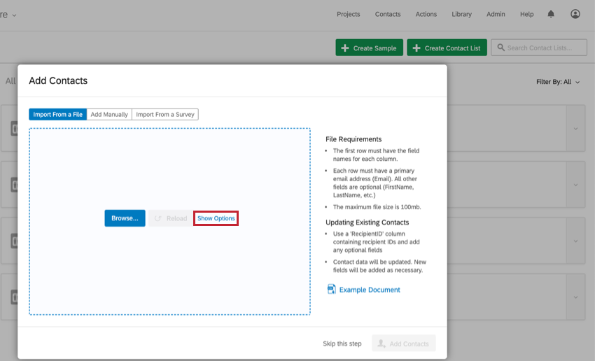 Inside Add Contact menu, show options text in blue next to grayed out "reload" button