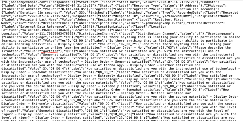 Un fichier où tout le texte s’exécute ensemble. Les champs sont répertoriés dans un format JSON avec des crochets, de sorte que vous ne pouvez deviner les champs et leurs valeurs qu’en faisant attention à la séparation des virgules et à la fermeture des crochets