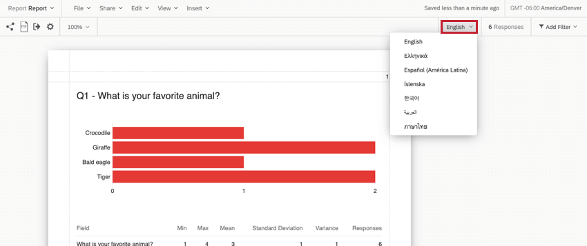 Language drop-down select menu in the top right of the Reports tab