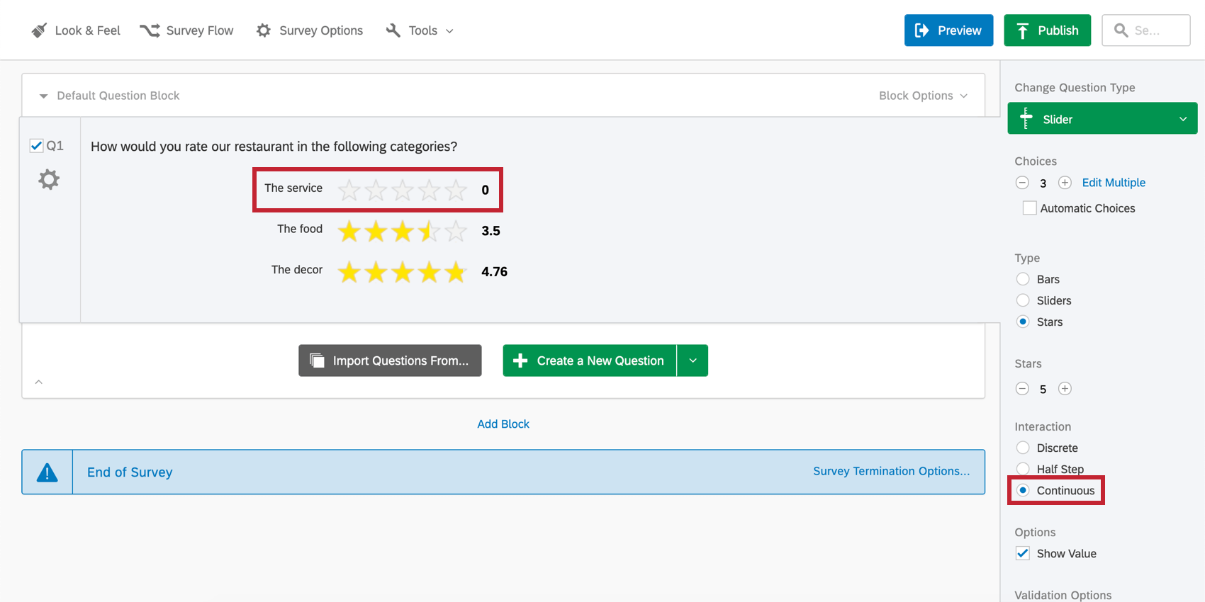 Star Question in the survey editor with 0 stars selected and the Continuous interaction highlighted