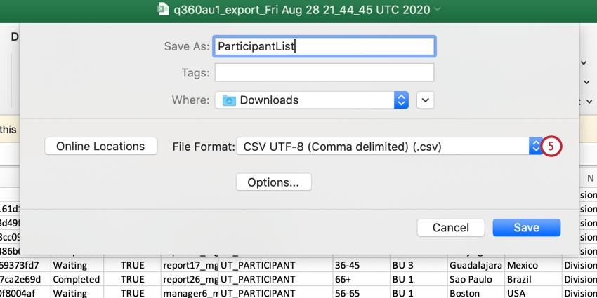 saving the participant list as a UTF-8 CSV