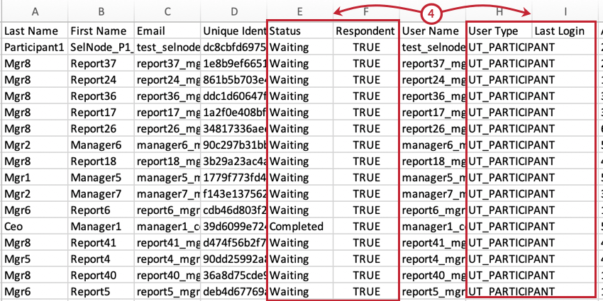 a participant list open in a spreadsheet editor. the respondent, status, user type, and last login columns are highlighted to be deleted