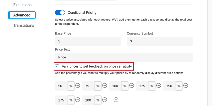 the vary prices to get feedback on price sensitivity option in conditional pricing