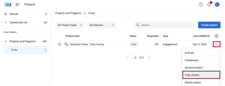 the projects page. clicking the project options dropdown and selecting copy project