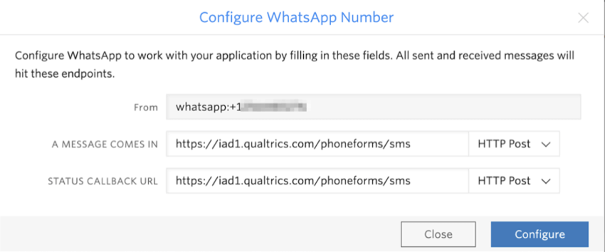 Window that says "Configure whatsapp number" and has the fields described