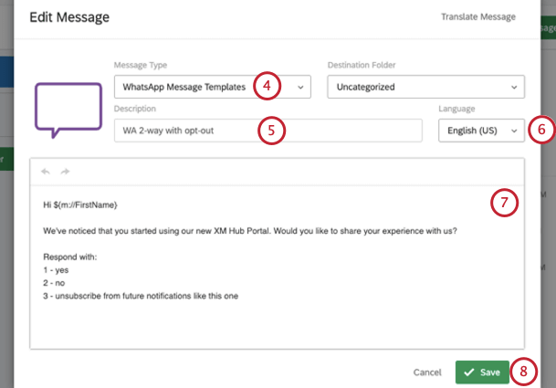 New window for configuring the message