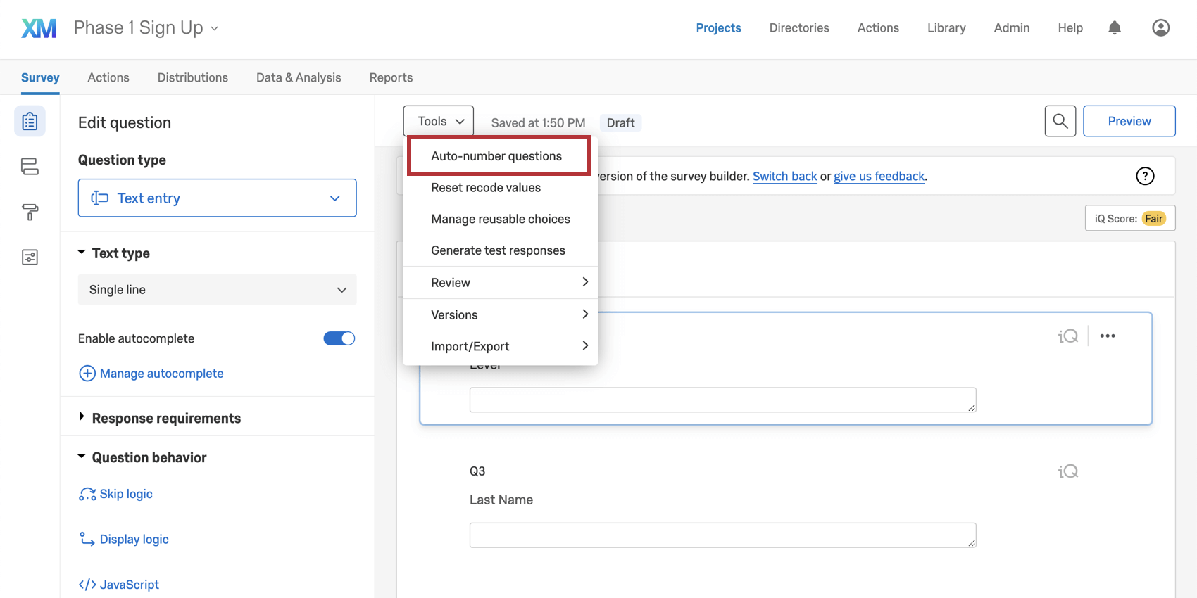 Tools button along top of builder; auto-number option first