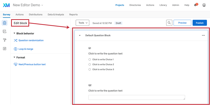 A block is selected, and to the left a menu opens with block-specific editing options