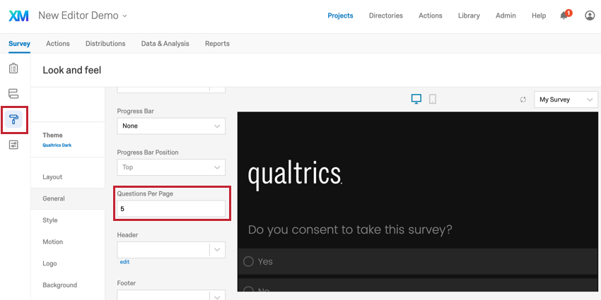 Questions per page setting in the look & feel menu