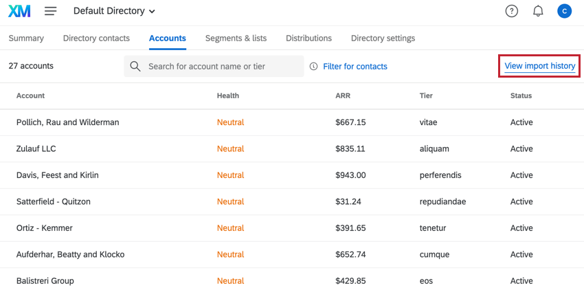 the view import history button located in the top right corner of the accounts tab