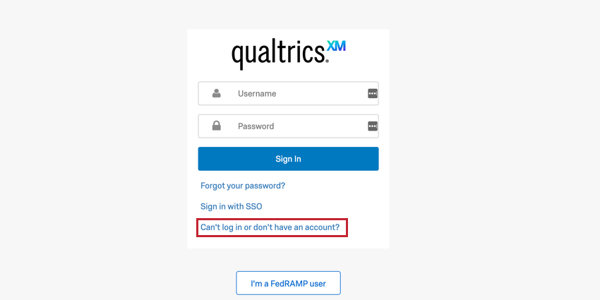 the support portal login screen with the "Can't login or don't have an account?" option highlighted