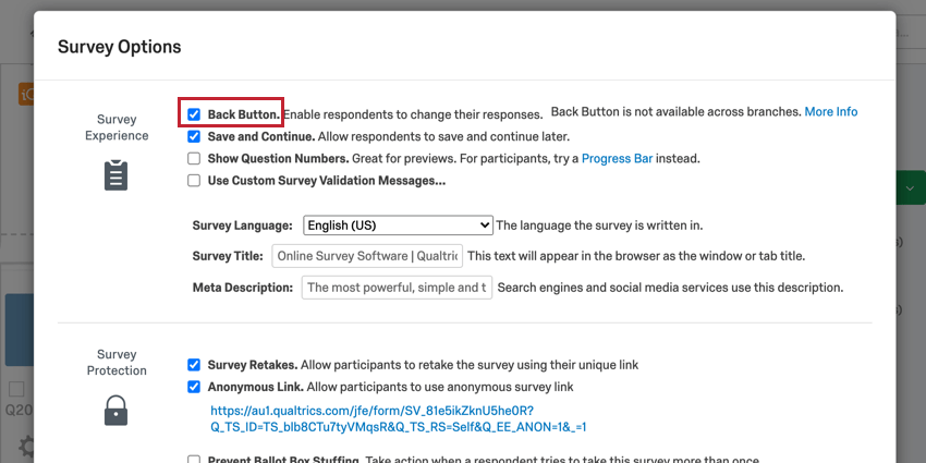 the back button enabled in survey options