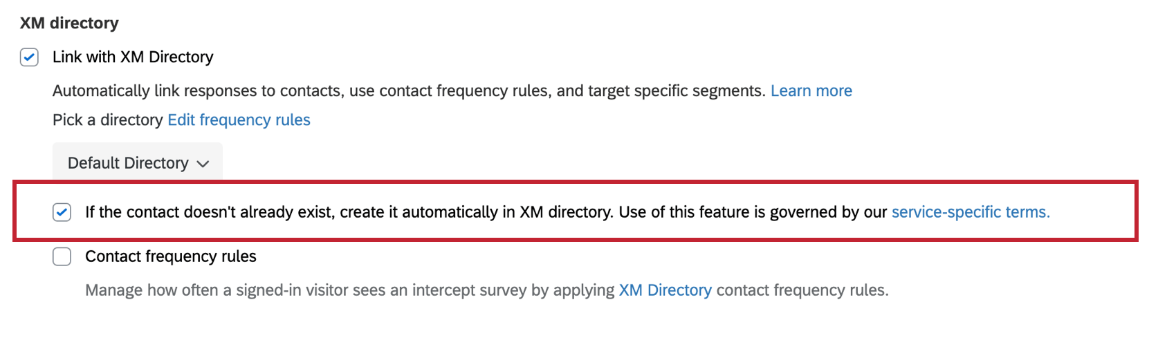 Shows the setting for contact creation in the digital intercept configuration menu.