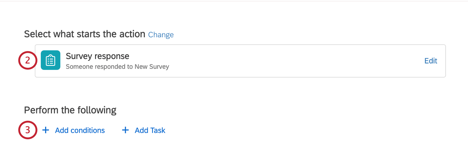 Newly created survey response action with no conditions