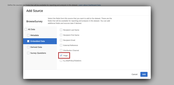 Stage embedded data field selected in the Add Source Window