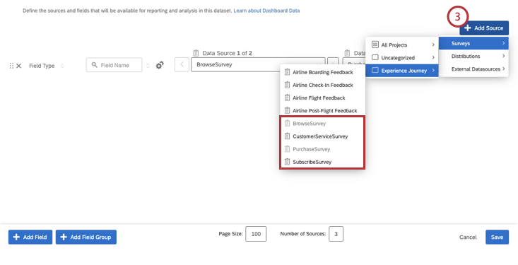 Adicionar fontes adicionais utilizando o drop-down Adicionar fonte no canto superior direito