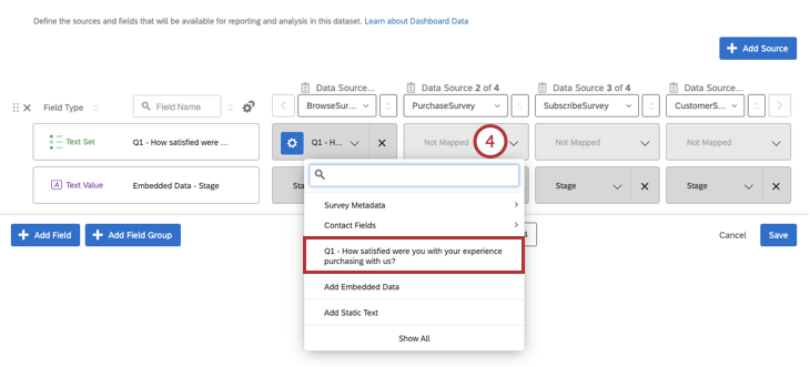 Selecting Not Mapped on the outcome data in order to select a question