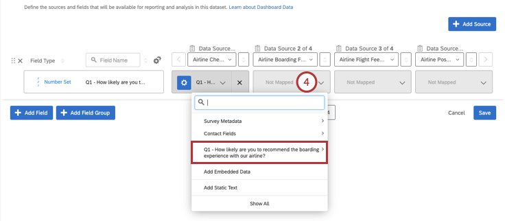 Não mapeado é clicado para que o drop-down seja aberto; a pergunta de métrica/resultado é selecionada