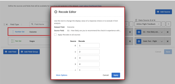 Ricodifica editor che mostra che puoi configurare i dati con campi ricodificati