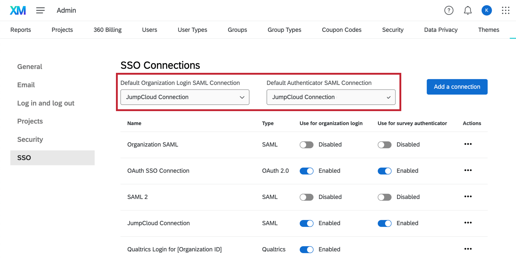 Image of default SAML configurations along top of SSO page