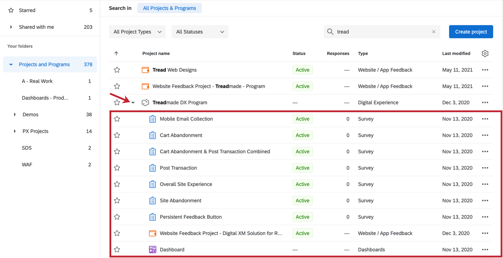 Image of a program on the projects page; it is expanded to how a list of projects inside