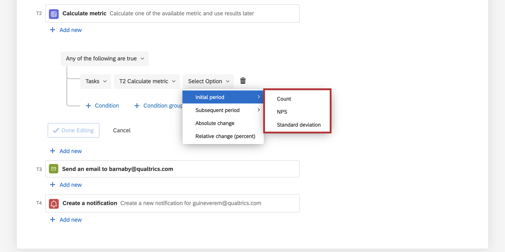 Additional options when hovering over the Initial and Subsequent Period metric