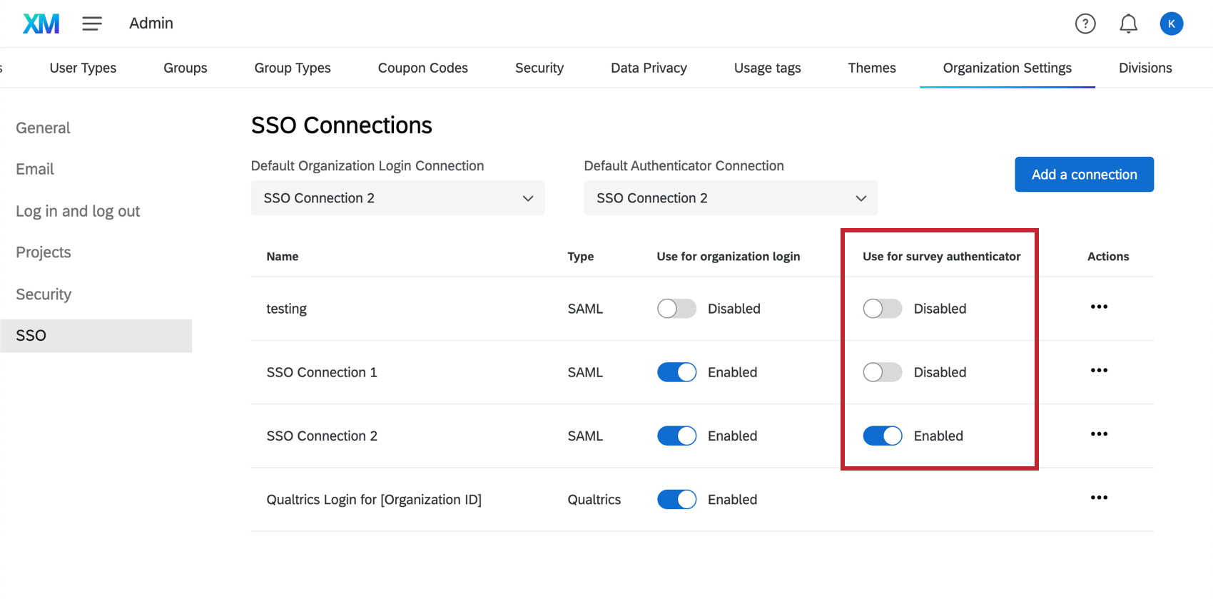 Screenshot of SSO tab where the connections that have the survey authenticator column enabled are highlighted
