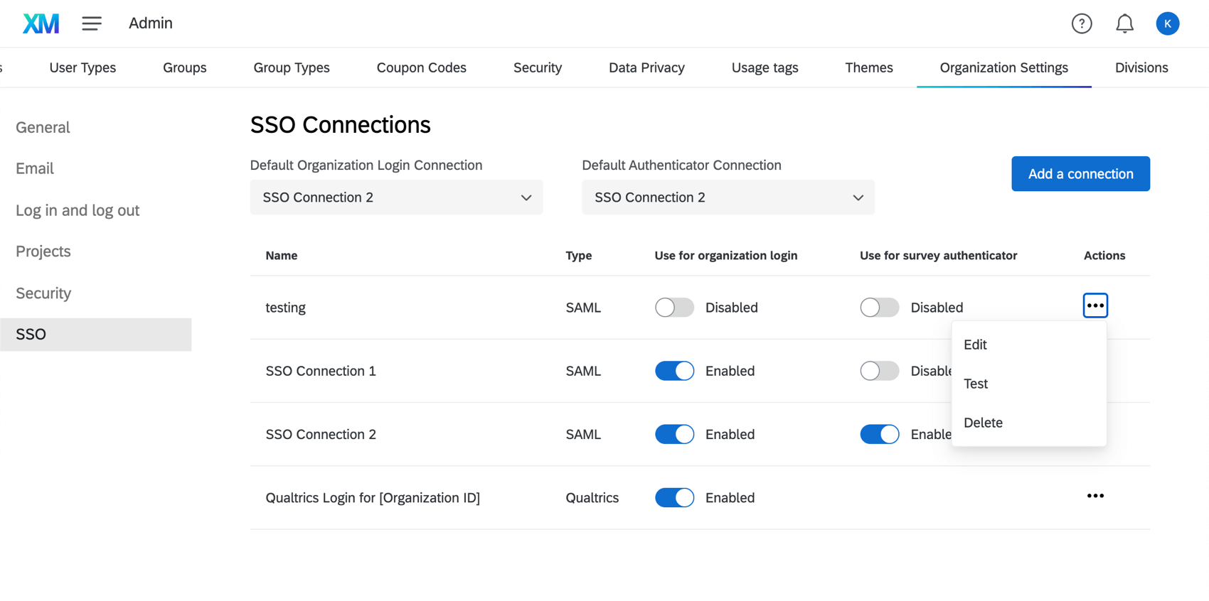 For every connection listed, there's a status toggle to enable or disable, the name, a but to edit, a button to test, and a button to delete