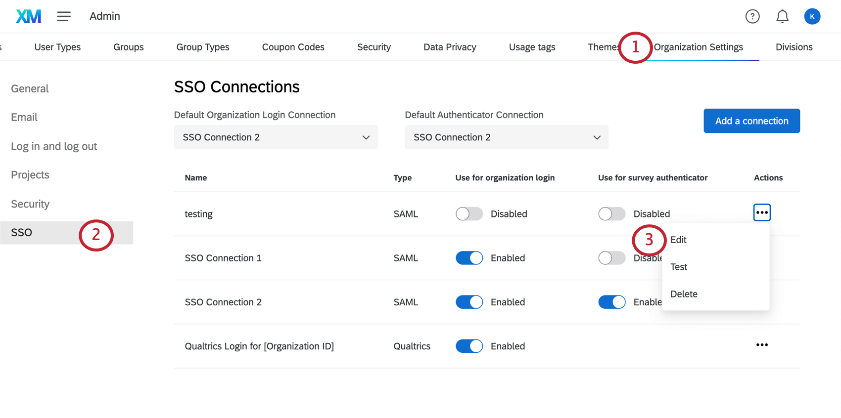 Image of selecting edit option from menu to right of every connection on the SSO page