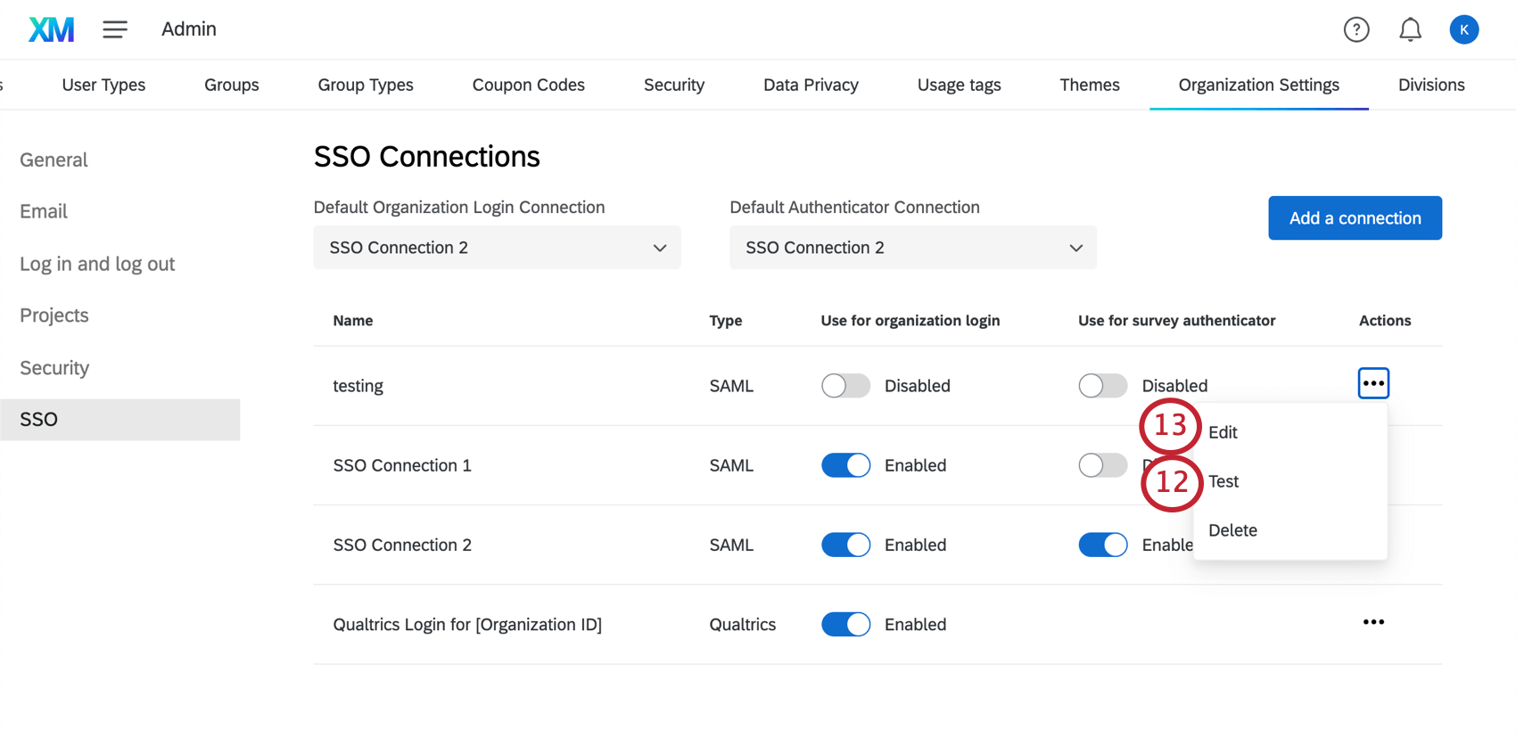 Test and edit options in the actions dropdown next to an SSO connection