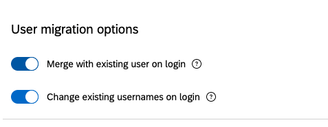 Les options de migration des utilisateurs incluent « fusionner avec l'utilisateur existant lors de la connexion » et « modifier les noms d'utilisateur existants lors de la connexion »