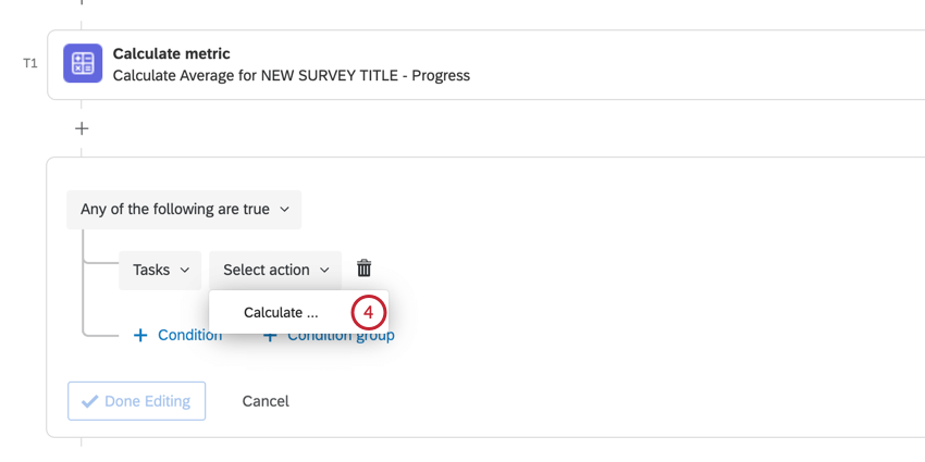 Close up of the actions interface showing the calculate option