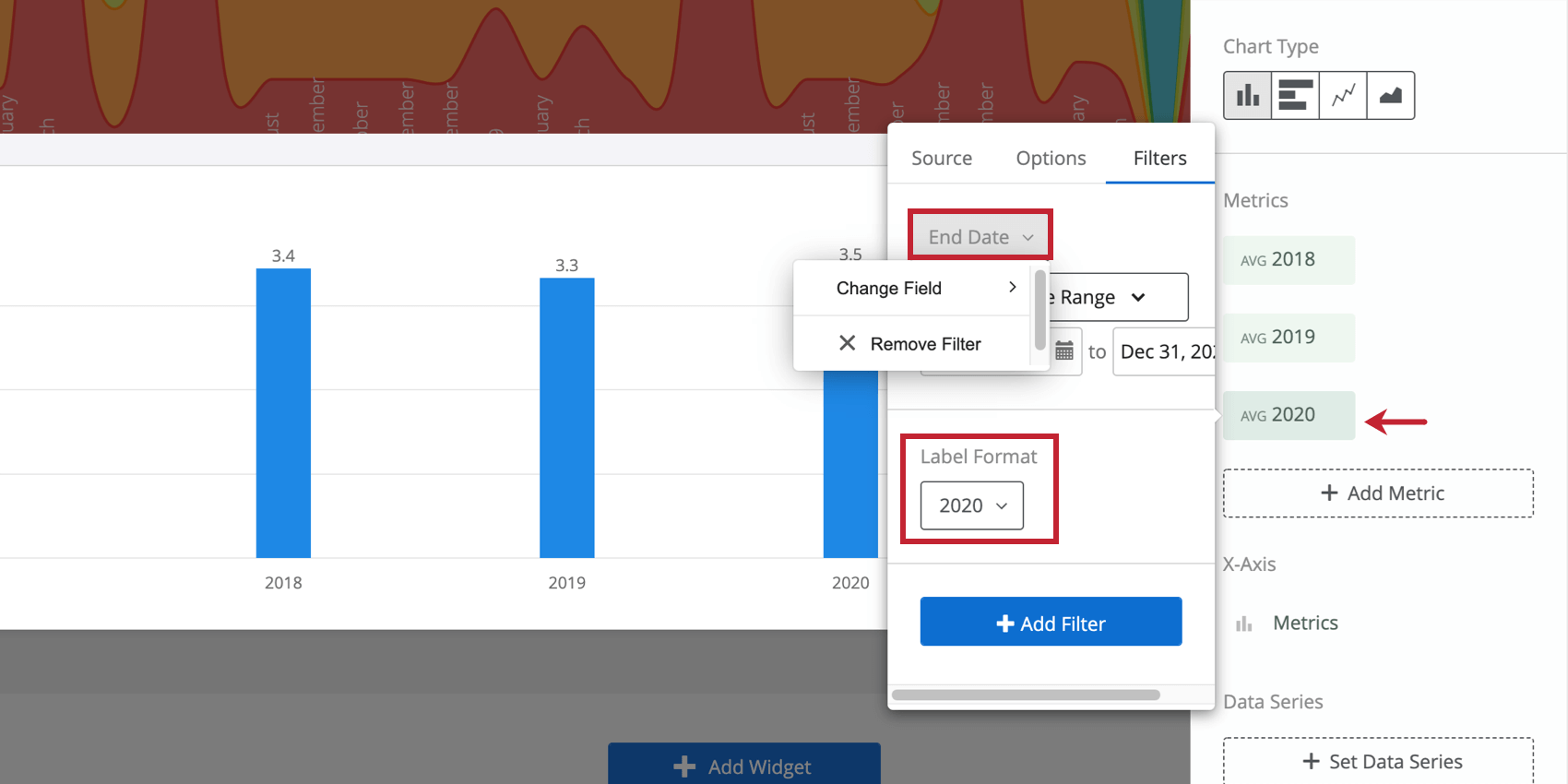La mesure sur un widget est ouverte. Le sélecteur de champ et le changeur d’étiquettes sont étiquetés en haut et en bas