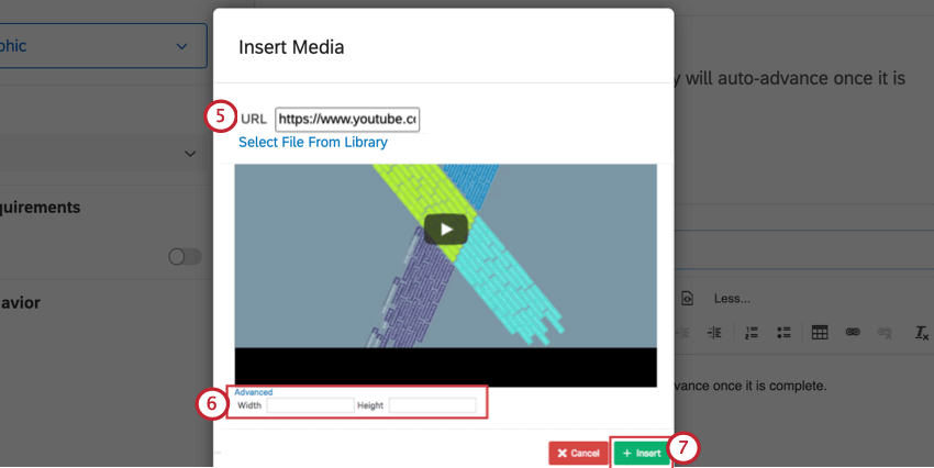 Hinzufügen eines Videos mithilfe der URL durch Einfügen der URL und Nutzen der erweiterten Felder zum Anpassen der Größe