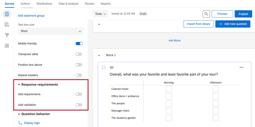 the response requirements section of the survey builder