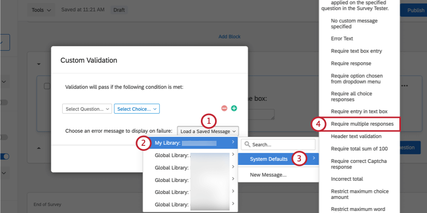 selecting a validation message from the system defaults