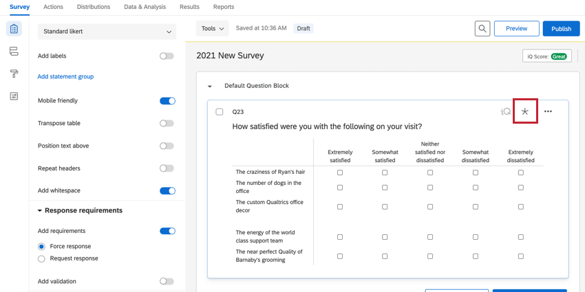 the validation asterisk appearing in the top right of a question