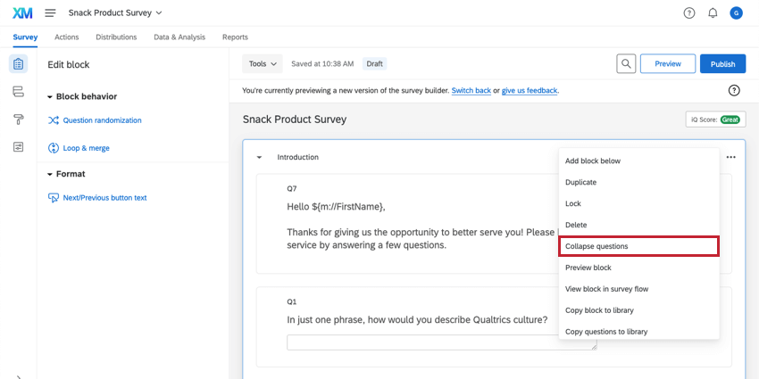 Collapse question in the block options