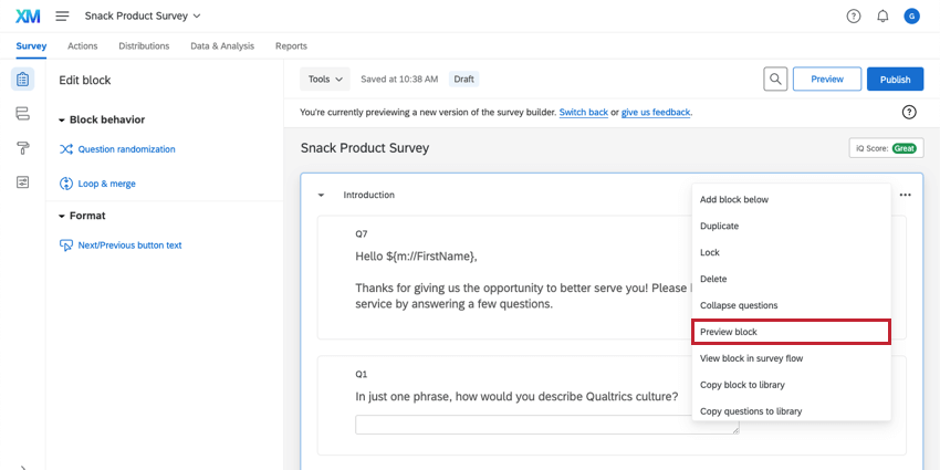 Preview block option in the block options