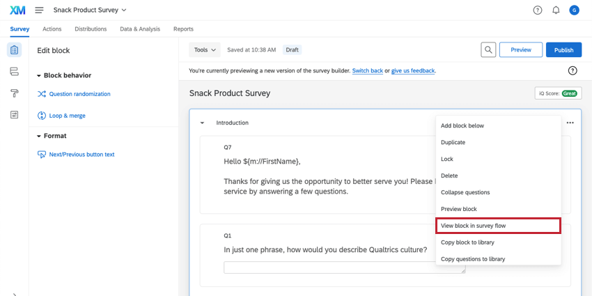 View block in survey flow option in the block options