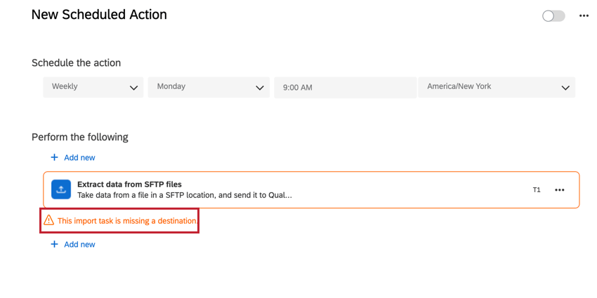 an extractor task is set up. there is an error in the actions window alerting you to add a loader task